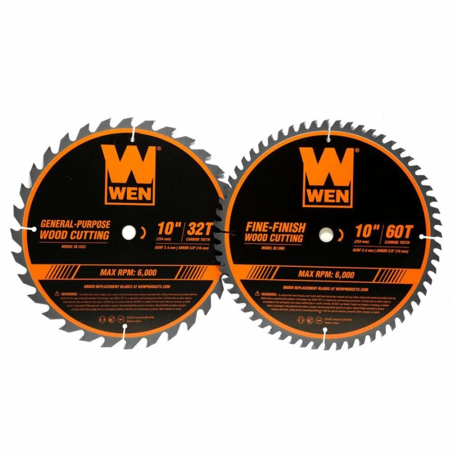 Tools * | 10 In. 32-Tooth And 60-Tooth Carbide-Tipped Professional Woodworking Saw Blade Set (2-Pack) By Wen