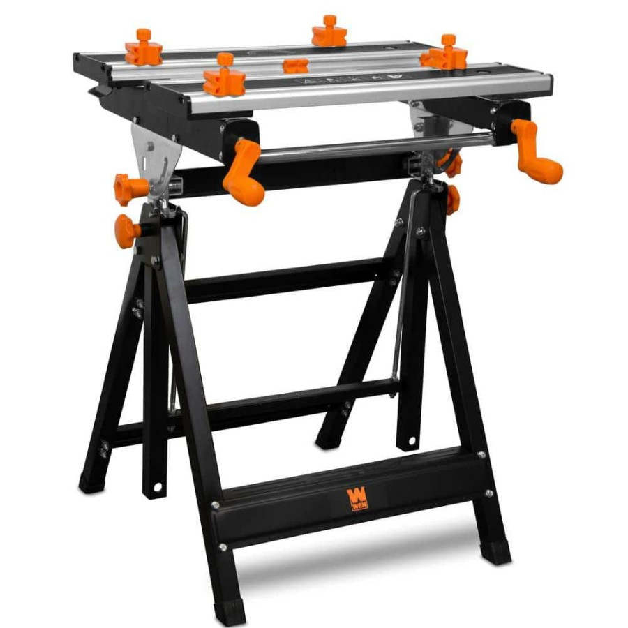 Tools * | 24 In. H Tilting Steel Adjustable Portable Work Bench Sawhorse And Vise With 8 Sliding Clamps By Wen