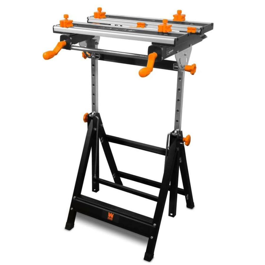 Tools * | 24 In. H Tilting Steel Adjustable Portable Work Bench Sawhorse And Vise With 8 Sliding Clamps By Wen